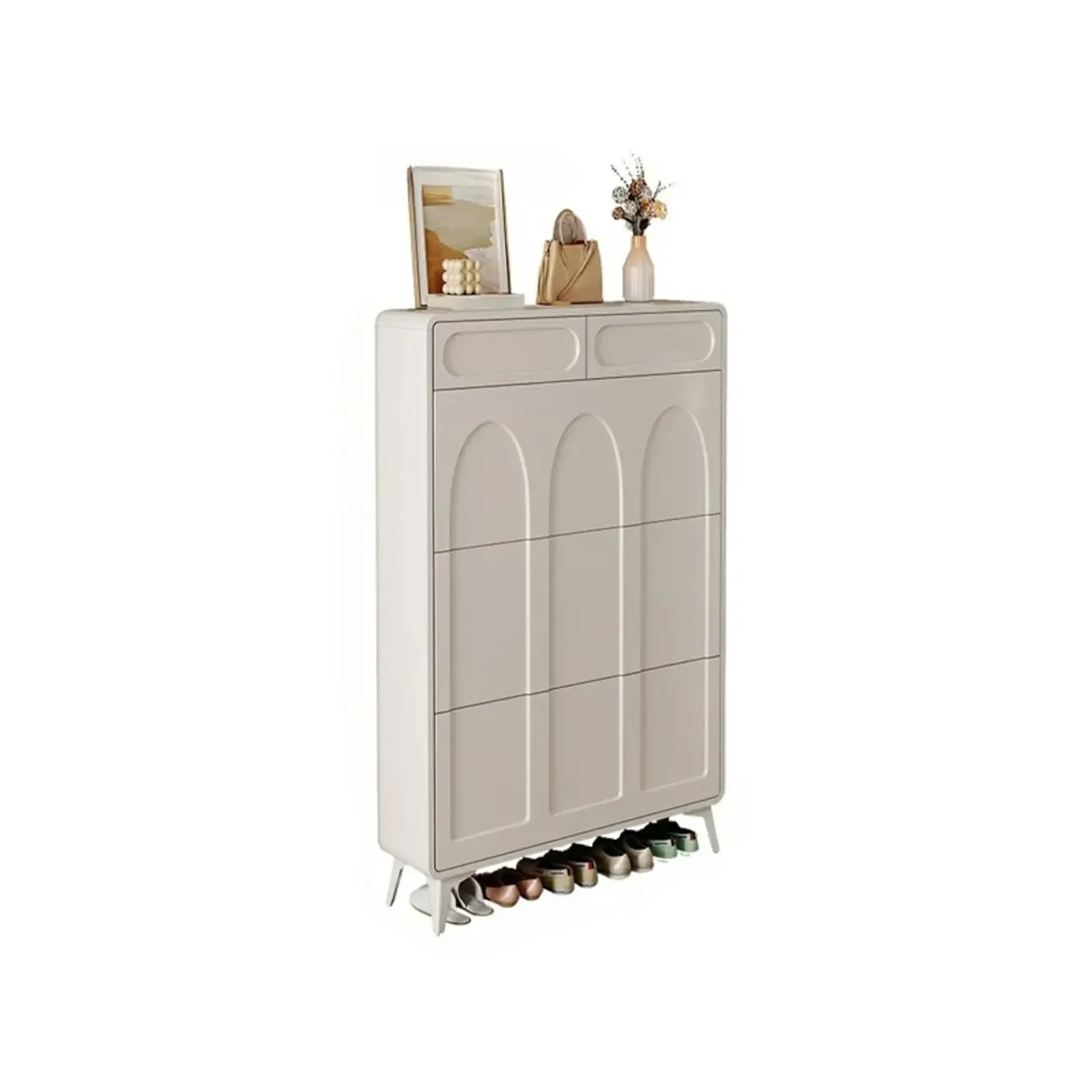 Vertical Slim White Wooden Drop Front Shoe Cabinet