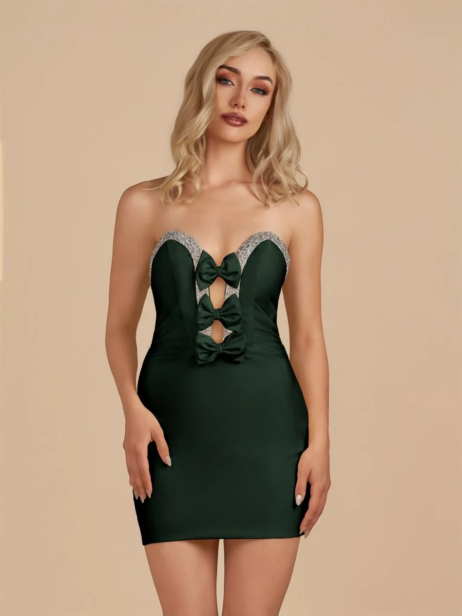 Dark Green - Bodycon Strapless Cut Out Satin Beaded Homecoming Dress With Bows