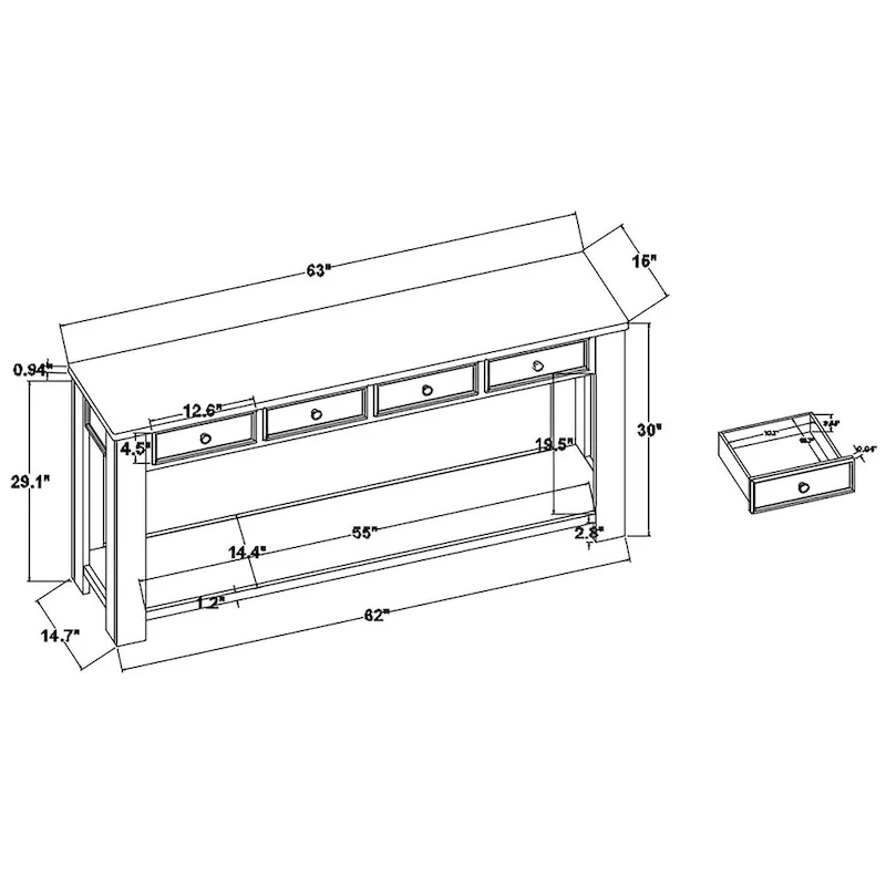63 Pine Wood Console Table with 4 Drawers and 1 Bottom Shelf