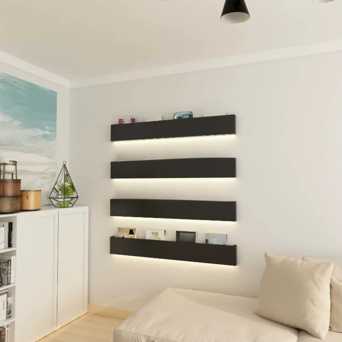 Modern Black Wall-Mounted Metal Floating Bookcase