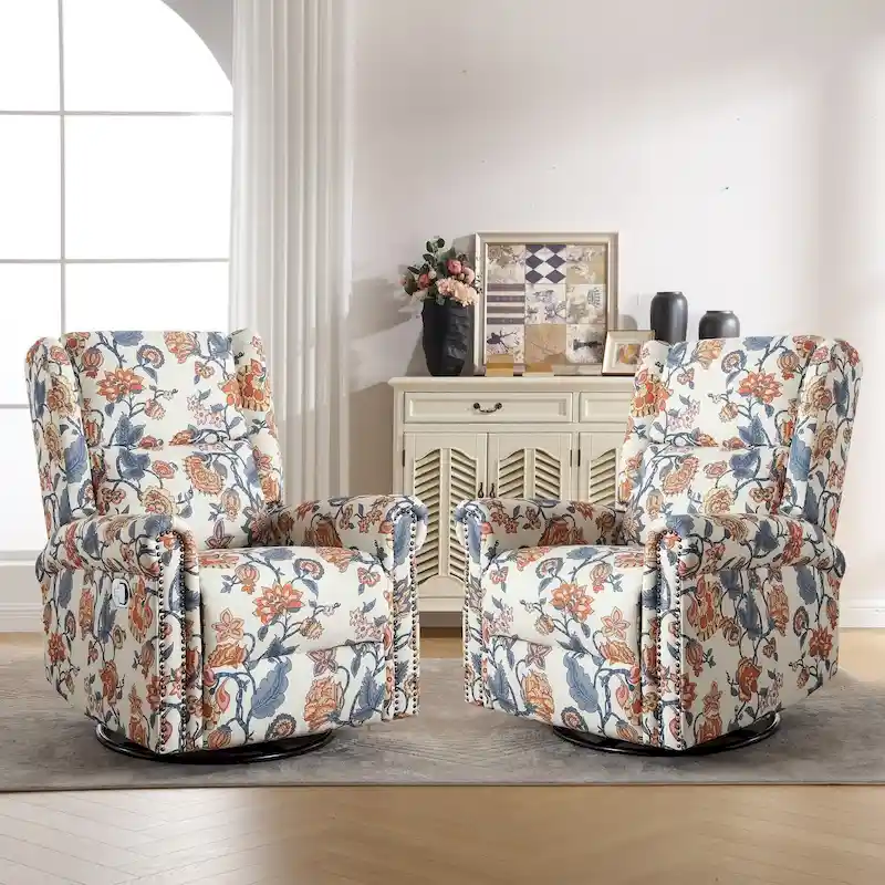 HOMYKA Floral Manual Recliner Swivel Rocking Chair Glider Set of 2