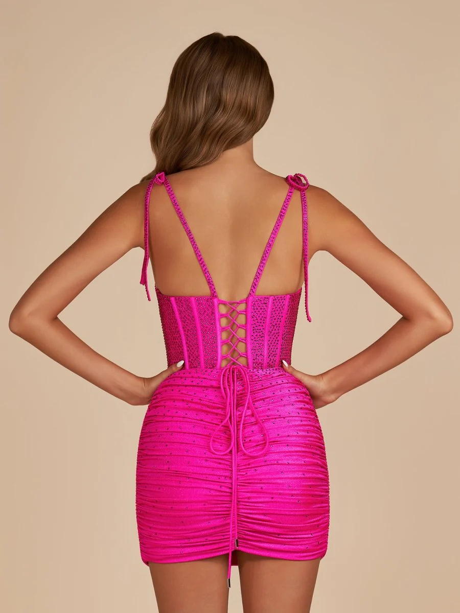 Fuchsia - Bodycon Scoop Neck Beaded Satin Corset Homecoming Dresses with Bow Straps