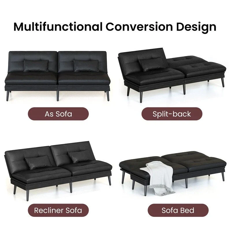 Grondin Convertible Futon Sofa Bed, 5-Angle Adjustable Backrest Sleeper Couch with 2 Pillows, Modern Style Recliner Lounge