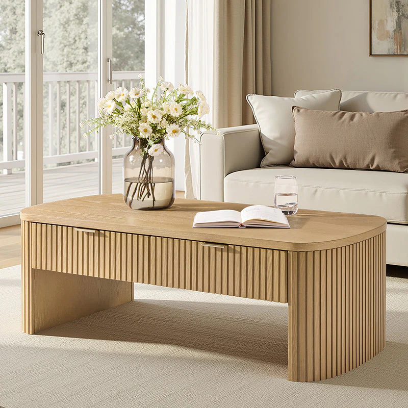 Modern Fluted Coffee Table with Hidden Drawer, Oak Veneer & Solid Wood Frame | Natural / Walnut / Black | Single
