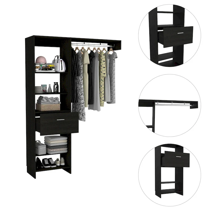 TUHOME Manchester 150 Closet System with Metal Rod, 5 Open Shelves, and 1 Drawer - N/A