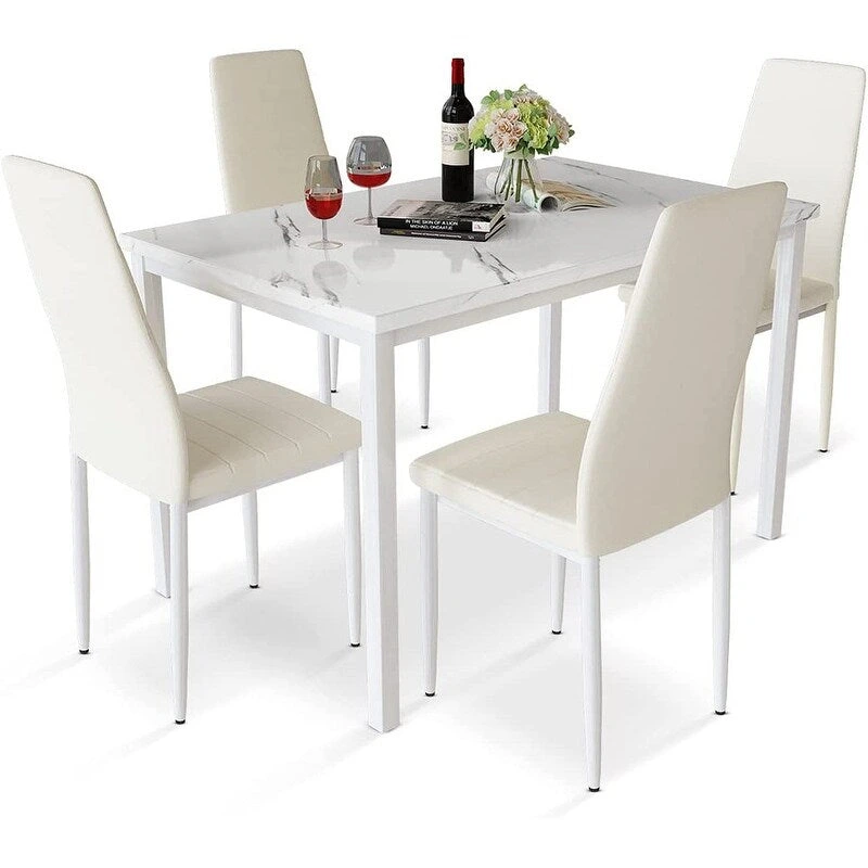 Modern 5-Piece Kitchen Dining Set, Counter Height Dinette Set with Marble Look Top and 4 Upholstered PU Leather Chairs