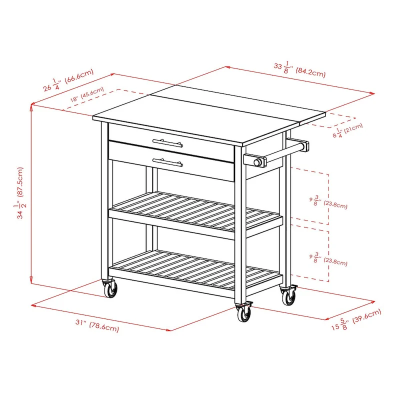 Langdon Kitchen Cart, Drop Leaf, Cappuccino and Natural - 36.57 x 26.42 x 34.45 inches