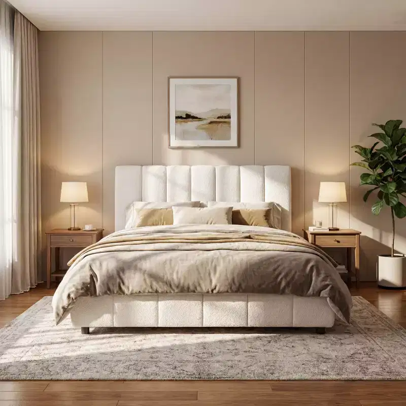 Christopher Knight Home Nittaya Modern Wooden Boucle Upholstered Bed Frame with Thick Headboard