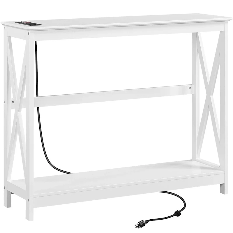 2-Tier Narrow Sofa Table with Outlet Industrial Long Console Table