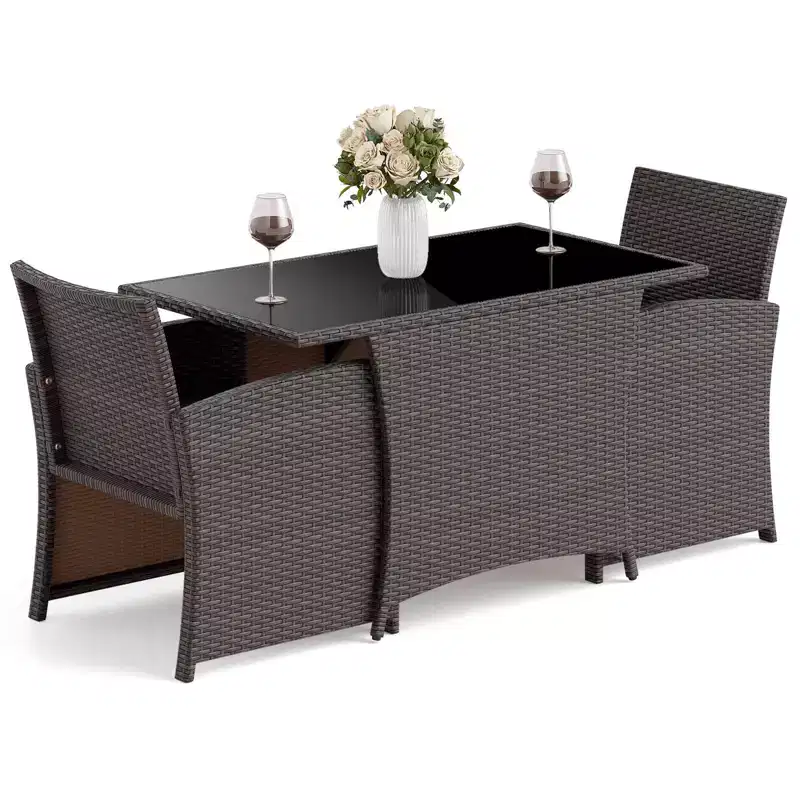 Costway 3 PCS Wicker Bistro Set Balcony Furniture Set with Tempered Glass Dining Table