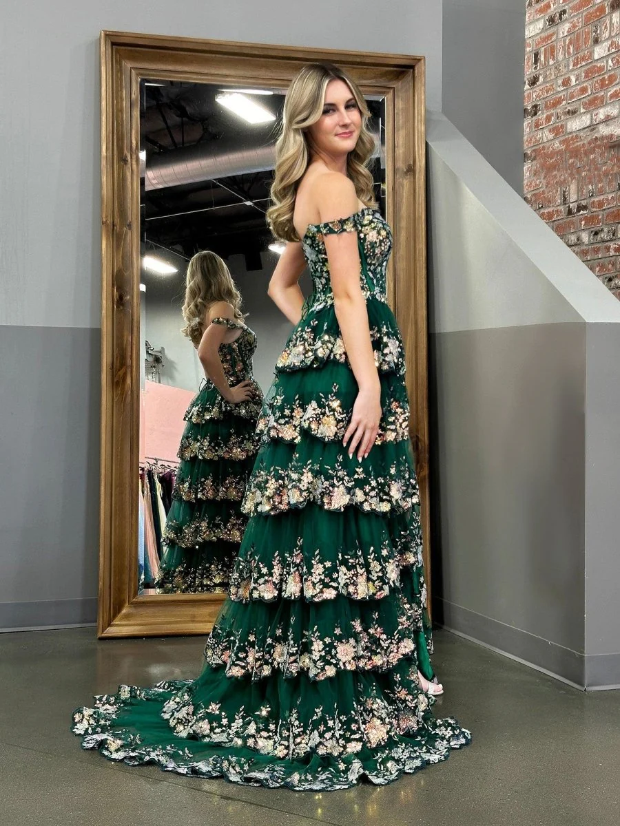 Green Crystal Sequins Princess A Line Off the Shoulder Prom Dress with Lace Ruffles