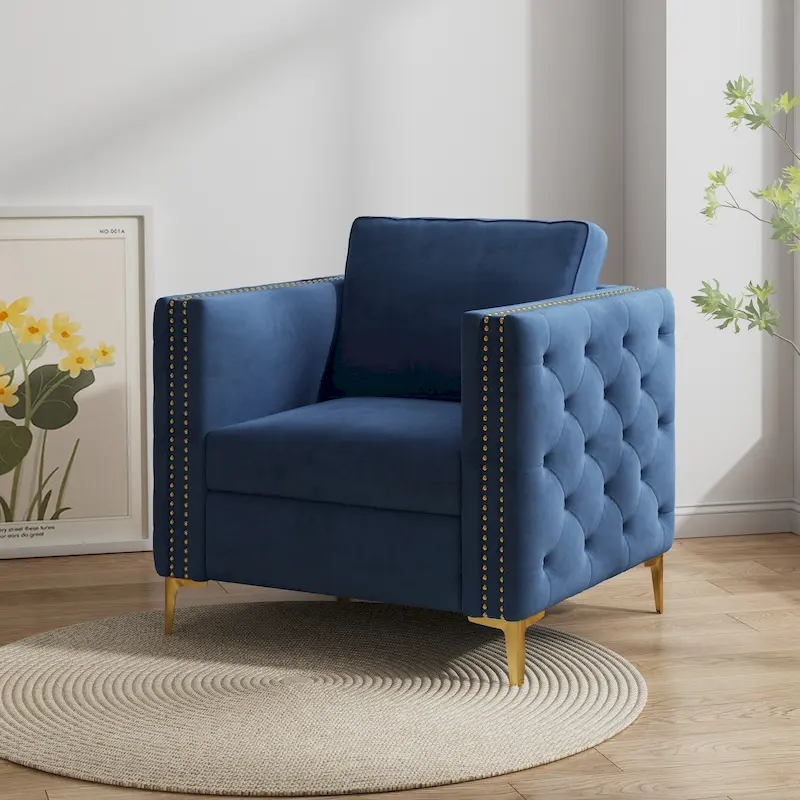 Velvet Accent Chair with Gold Metal Legs, Single Seat – Navy Blue / Black / Beige / Khaki
