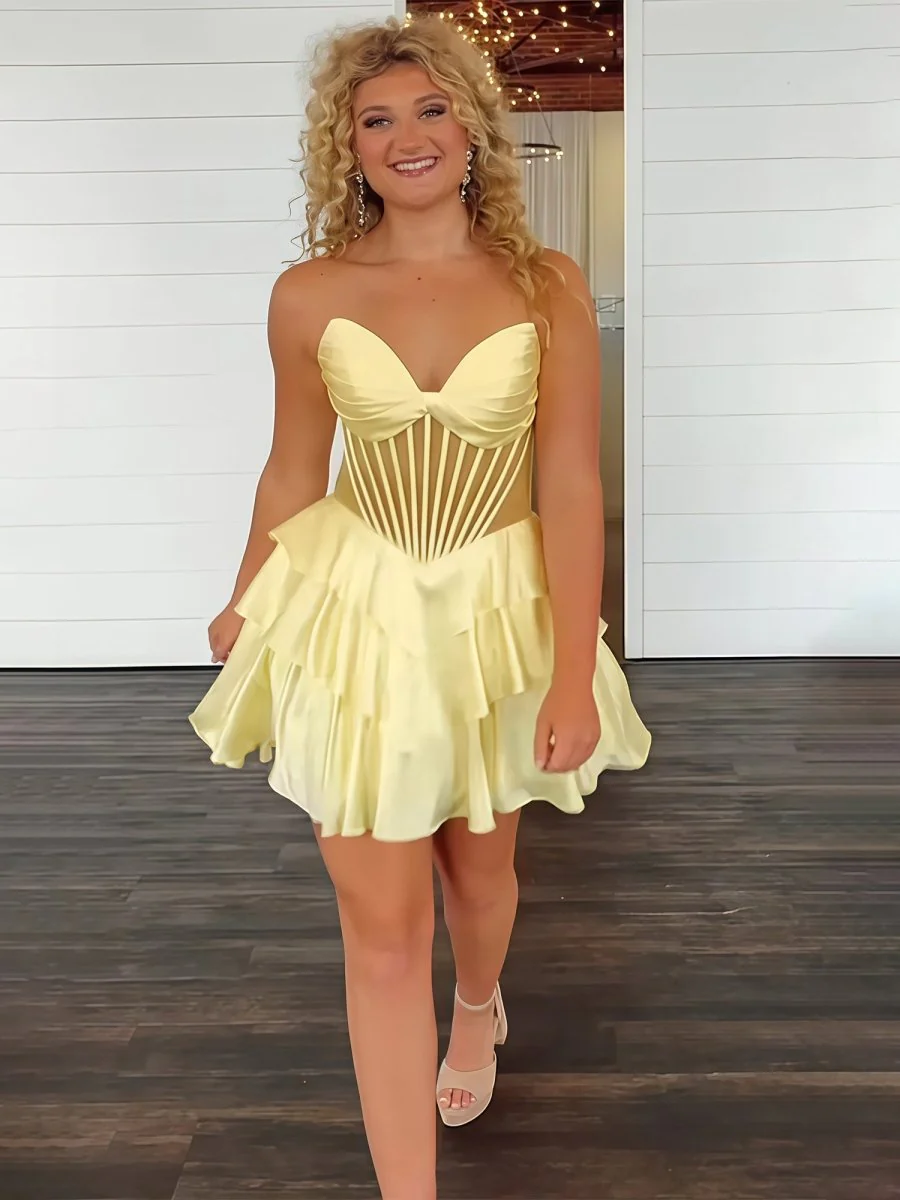Yellow - A Line Satin Corset Ruffled V Neck Homecoming Dresses