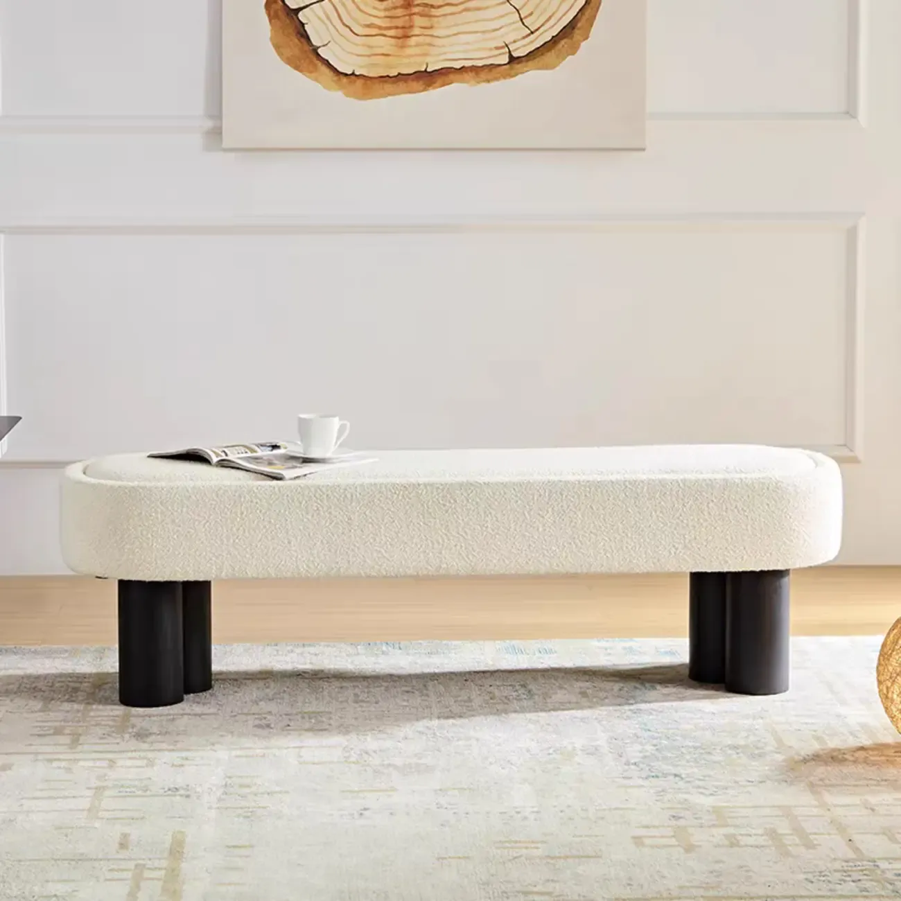 Simple White Upholstered Oval Bedroom Bench