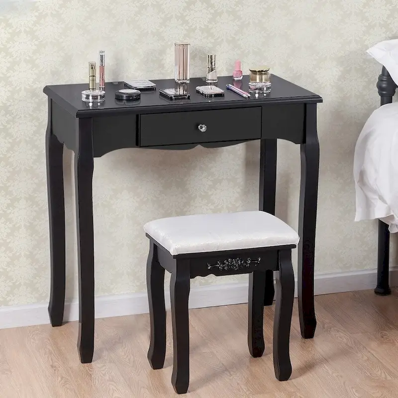 Mirrored Makeup Vanity Dressing Table & Stool Set | Wood Frame, Black or White