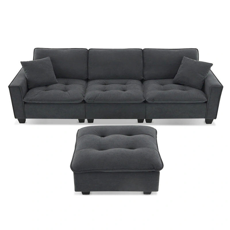 100 L-Shaped Convertible 4 Seater Sectional Sofa with Removable Ottoman and Matching Pillows, Suede Velvet Upholstery