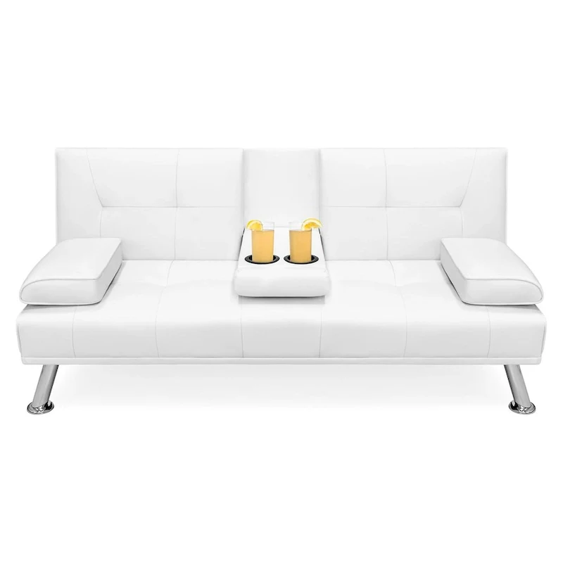 White Faux Leather Convertible Sofa Futon with 2 Cup Holders