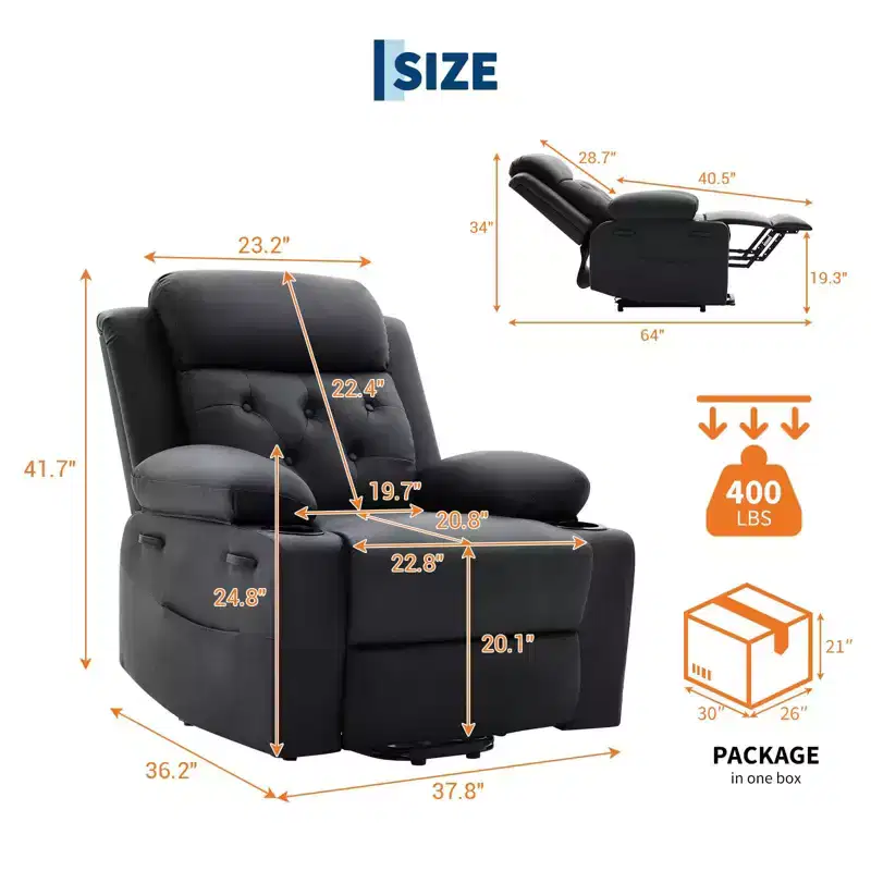 COZONY 42 Lift Recliner Chair, Oversized PU Leather Power Lift Sofa with Massage & Heat, Dual Cup Holders, Side Pockets for Living Room