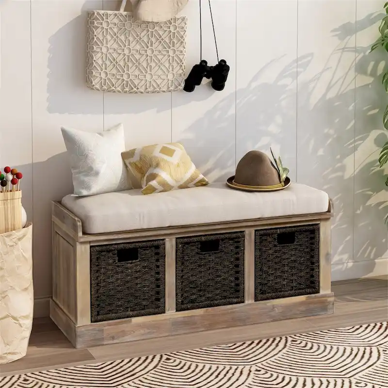White Washed/White/Espresso/Navy Storage Bench with 3 Rattan Baskets