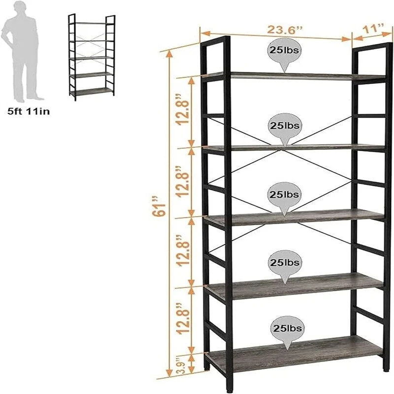 5 Tier Bookcase Adjustable Shelves