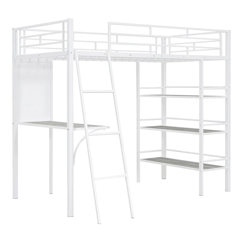 White Twin Loft Metal Bed with Shelves