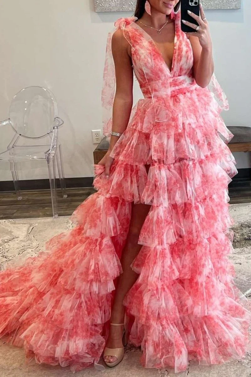 V-Neck Tie Straps Red Floral Print Layered Long Prom Dress