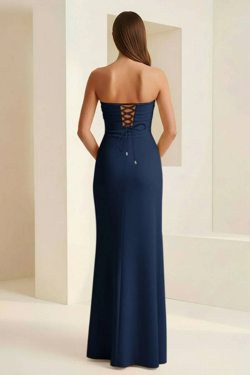 Navy Blue - Mermaid Strapless Satin Pleated Long Prom Dress with Slit
