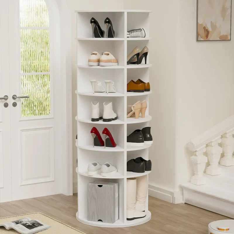 White 7-Tier 360° Rotating Shoe Rack Tower – Fits 28 Pairs