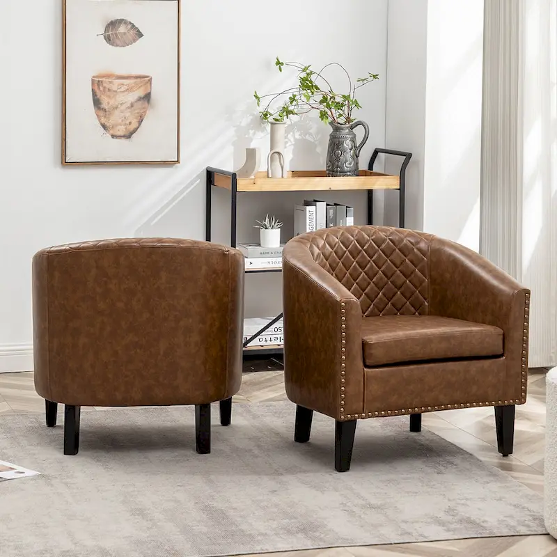 KINWELL 29  PU Faux Leather Club Armchair with Nailheads, Set of 2