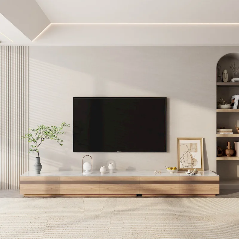 Modern Light Wood TV Stands, Glossy Stone Table-top, 3-6Drawers, Fully Assembled