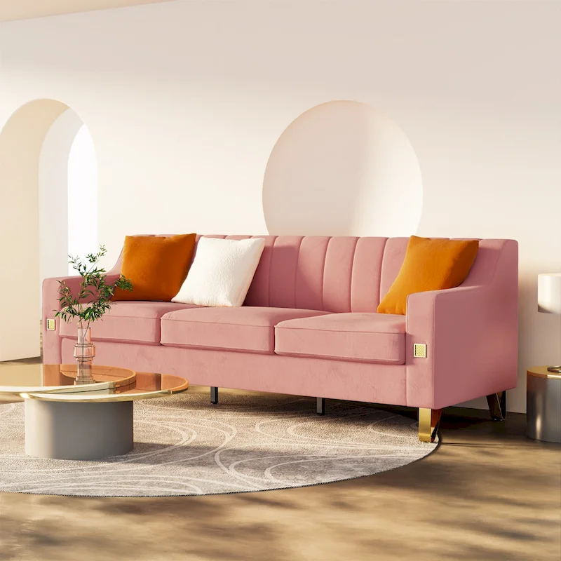 Luxury pink Velvet Sofa with Gold Accents - Modern 3-Seat Couch with Plush Cushions