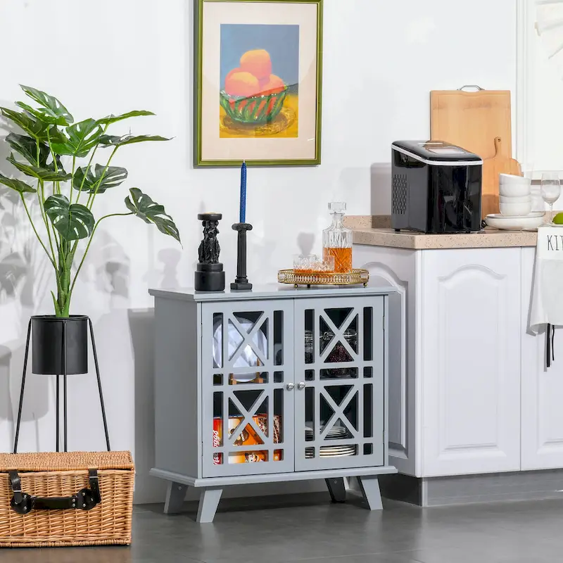 Accent Storage Cabinet Sideboard Buffet Console with Fretwork Doors, Grey