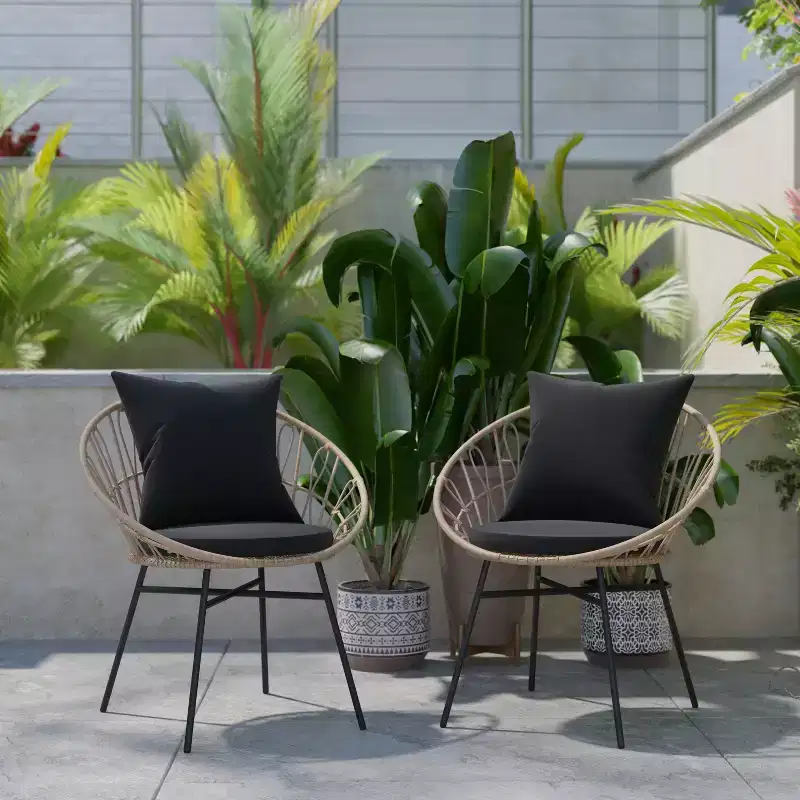 Emma and Oliver Set of Two All-Weather Boho Papasan Style Finish Faux Rattan Rope Patio Chairs with Cushions