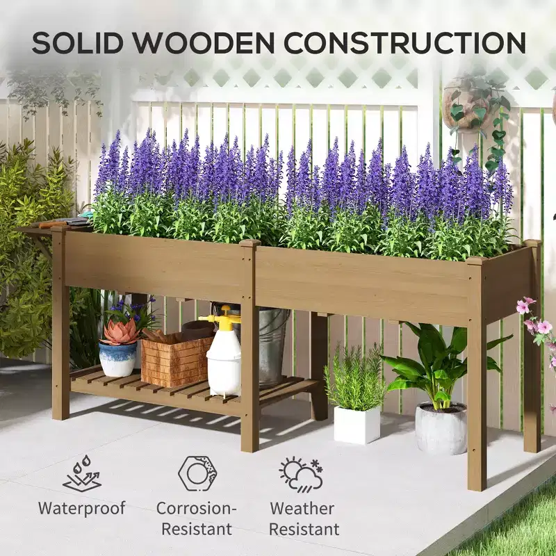 Outsunny Raised Garden Bed, Wood Elevated Planter Box with Side Table, Bottom Shelf, Bed Liners and Drainage Holes