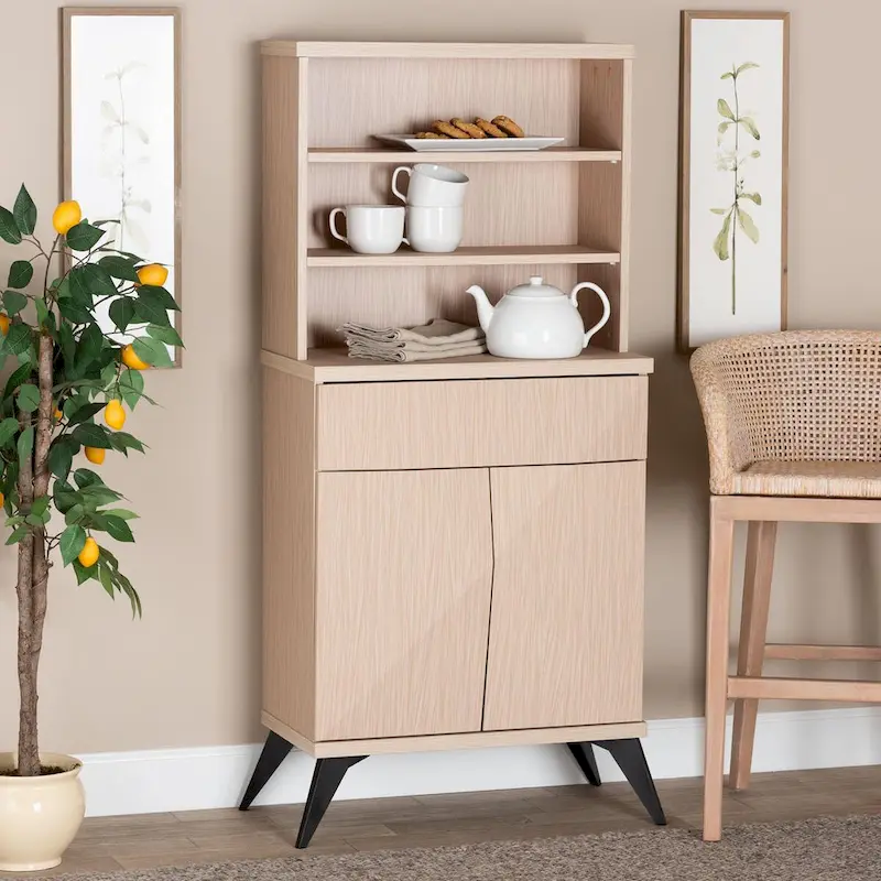 Draper Mid-Century Modern Two-Tone Light Brown and Black Wood Kitchen Cabinet