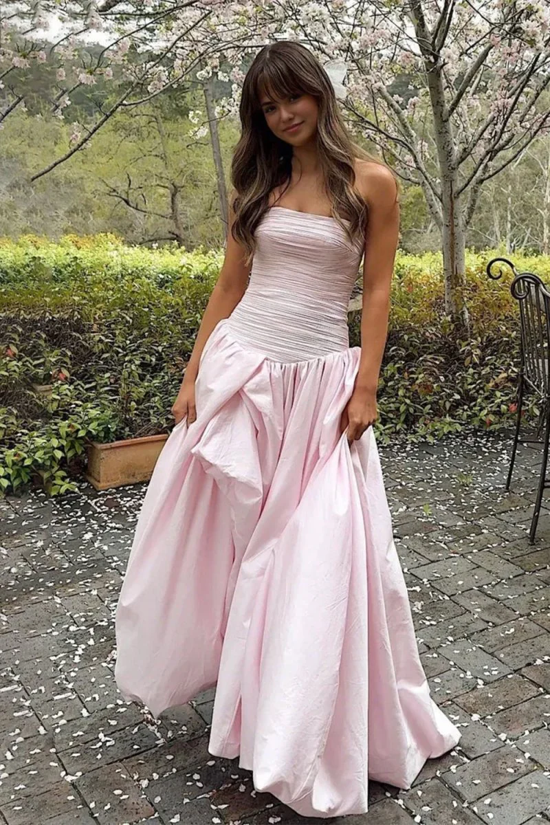 Pink - Strapless A Line Satin Pleated Prom Dresses With Slit