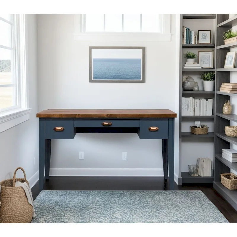 53-Inch Writing Desk, Modern Farmhouse Style, Drop-Down Keyboard Drawer, 2 Side Drawers, Poplar & Knotty Alder, Blue Denim & Whiskey, 1-Person Use