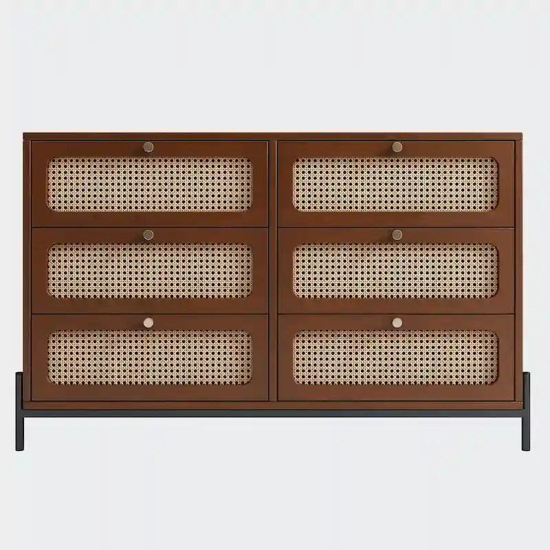 Walnut / Black Rattan 6-Drawer Dresser with Metal Legs & Round Knobs – Single
