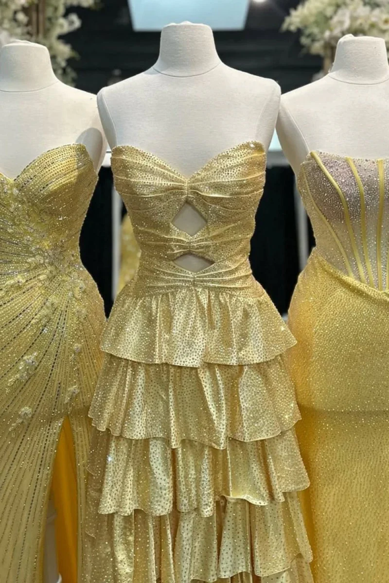 Yellow Strapless A Line Satin Beaded Long Prom Dresses With Ruffles