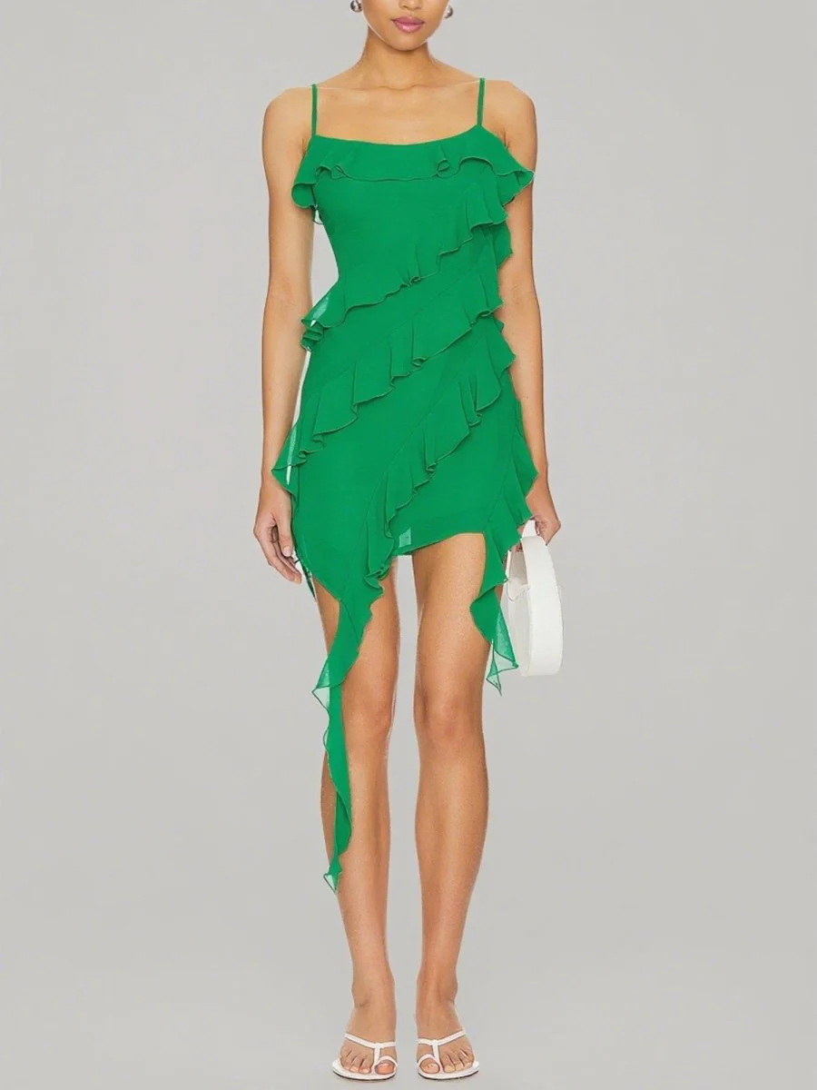 Green - Sheath Chiffon Spaghetti Straps Ruffled Short Homecoming Dresses