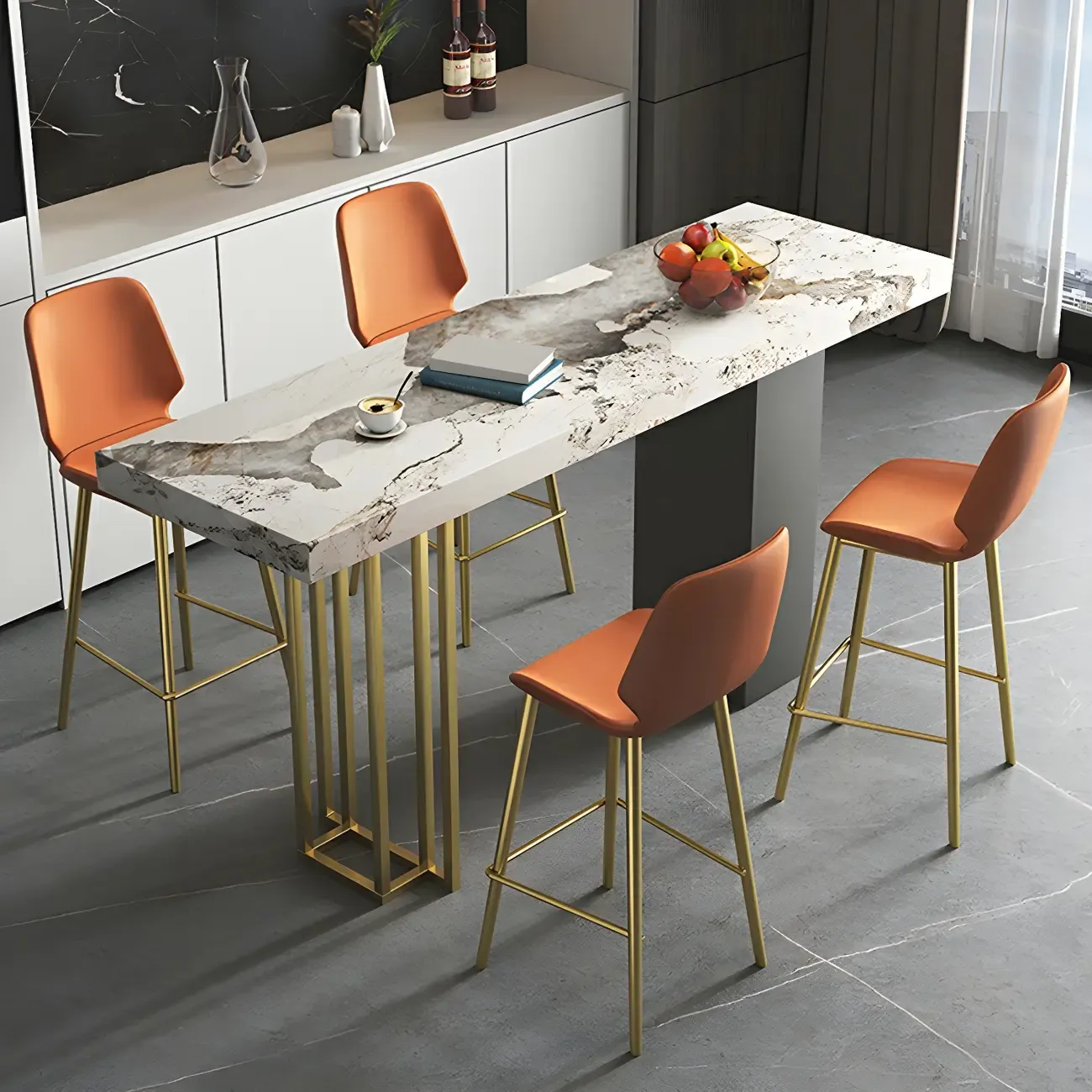 Modern Black Stone Counter Height Metal Rectangular Bar Table