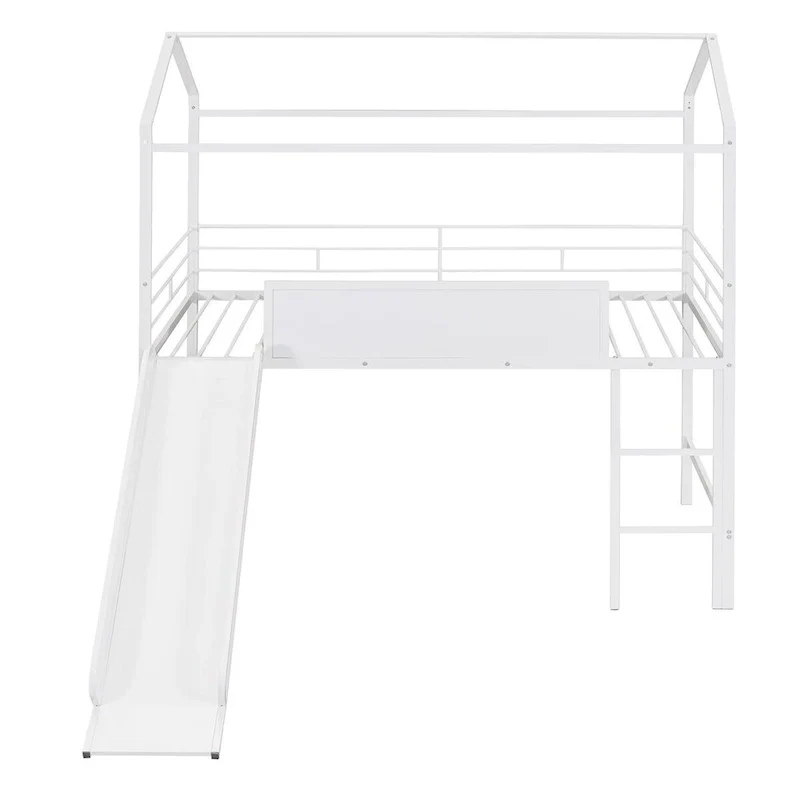 Merax Metal Twin House Loft Bed with Two-sided writable Wooden Board, Slide