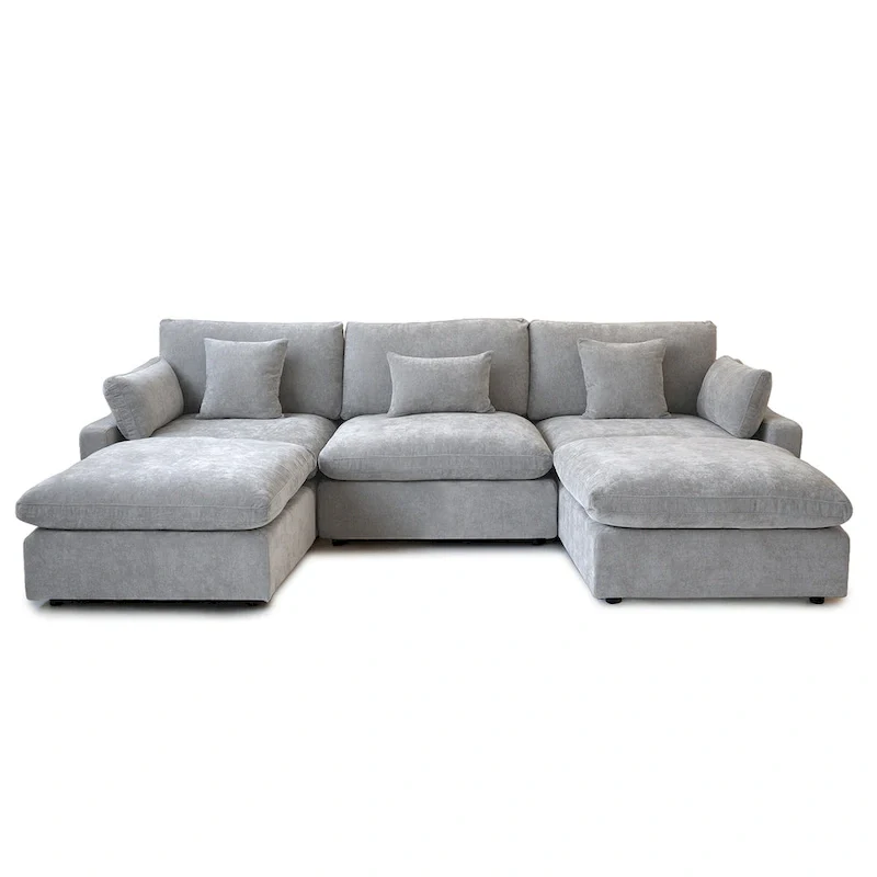 Classic Modern Linen Sectional Modular Sofa 3-Seater with 2 Ottomans, U-shaped Down Filled Cloud Couch with Cushions
