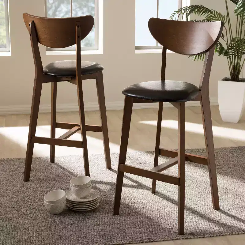 HomeStock Eline Mid-Century Modern Black Faux Leather Upholstered Walnut Finished Bar Stool Set