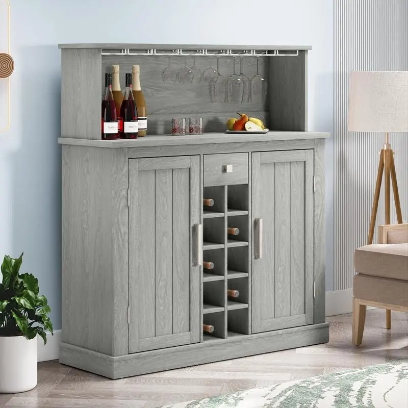 Buffet Bar Cabinet with Wine Rack - 10-Bottle Storage (Grey/White)