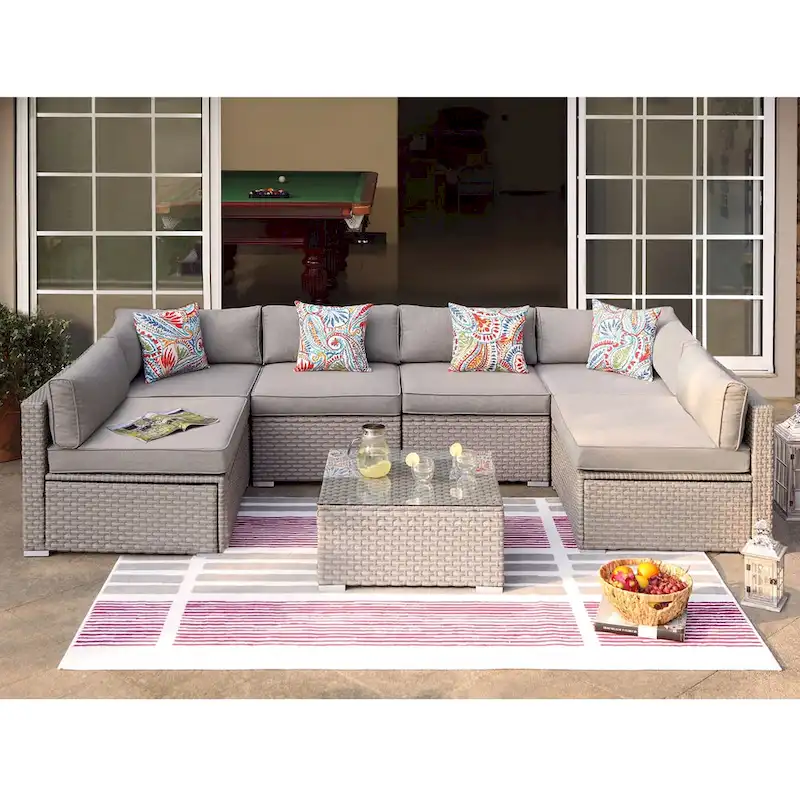COSIEST 7-Piece Outdoor Patio Sectional Wicker Sofa With Coffee Table