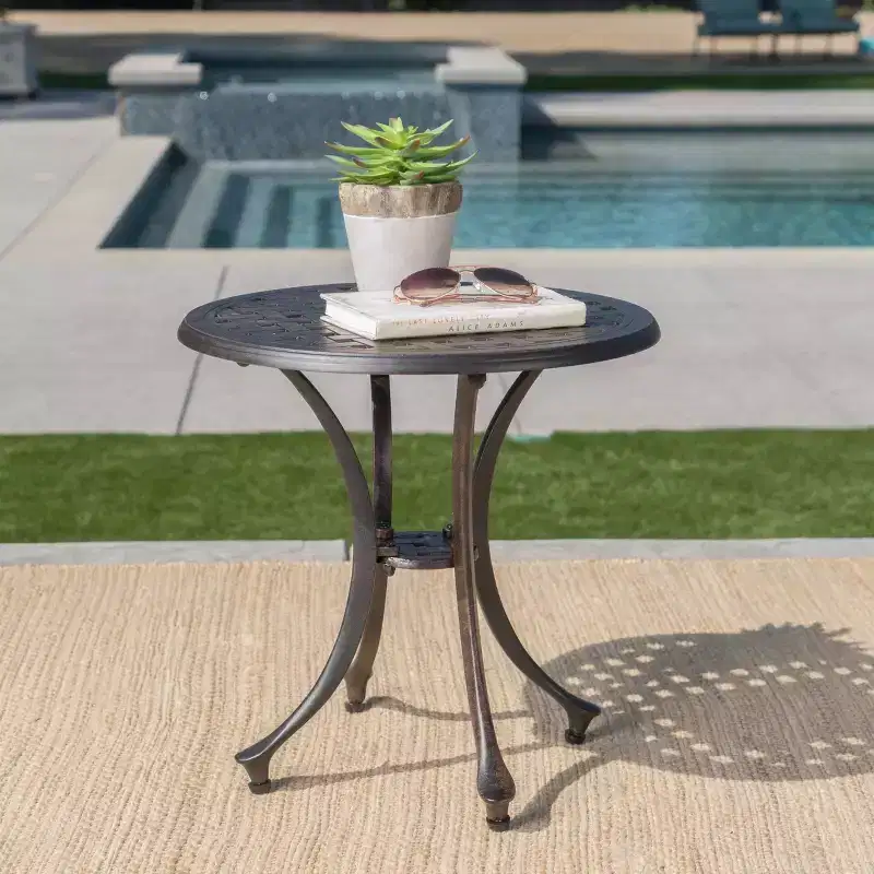GDFStudio Louis Outdoor Cast Aluminum Round Side Table, Bronze