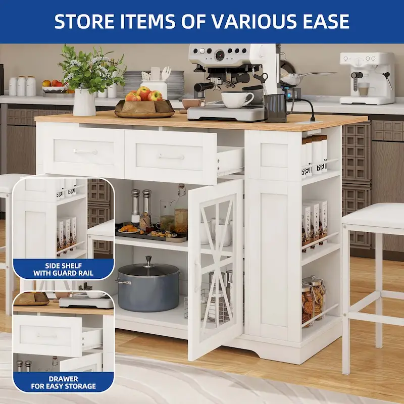 Moasis 47 Kitchen Island With Drop Leaf & 2 Bar Stools
