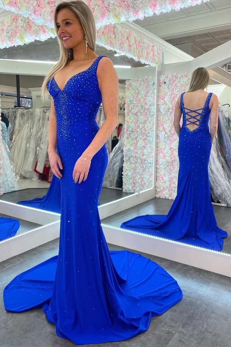 Mermaid V-Neck Beaded Satin Prom Dress with Cross Back
