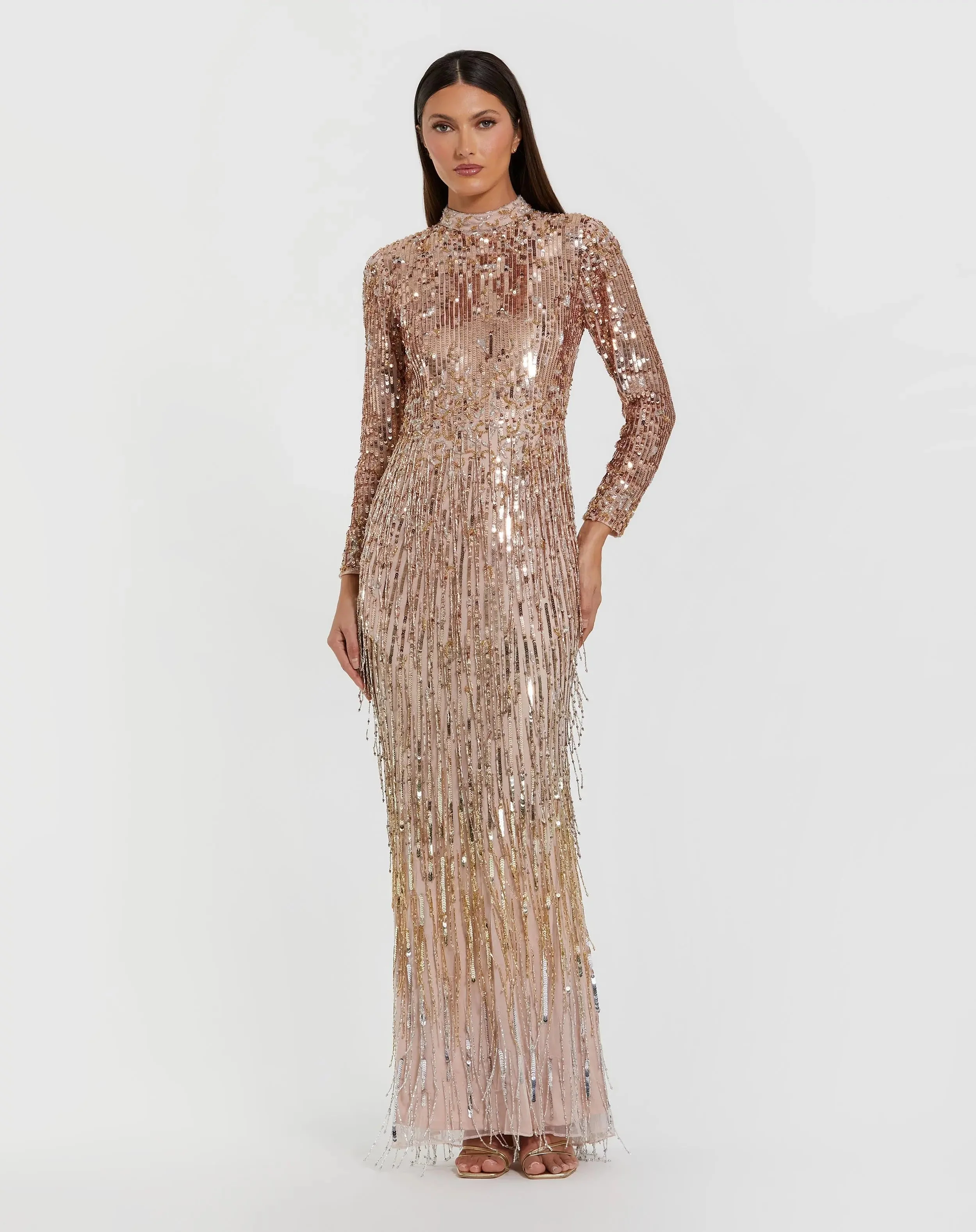 Pink Mock Neck Long Sleeve Fringe Embellished Column Gown
